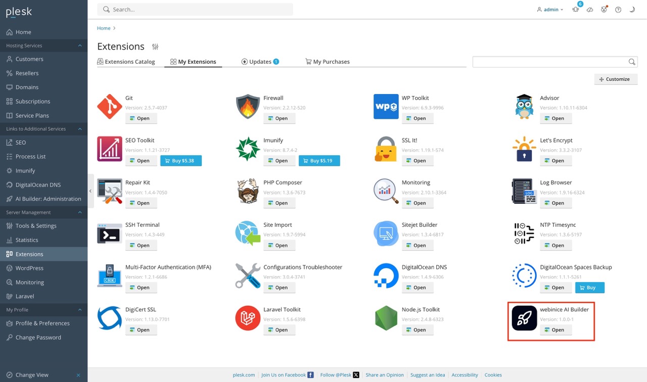 extension listed in Plesk