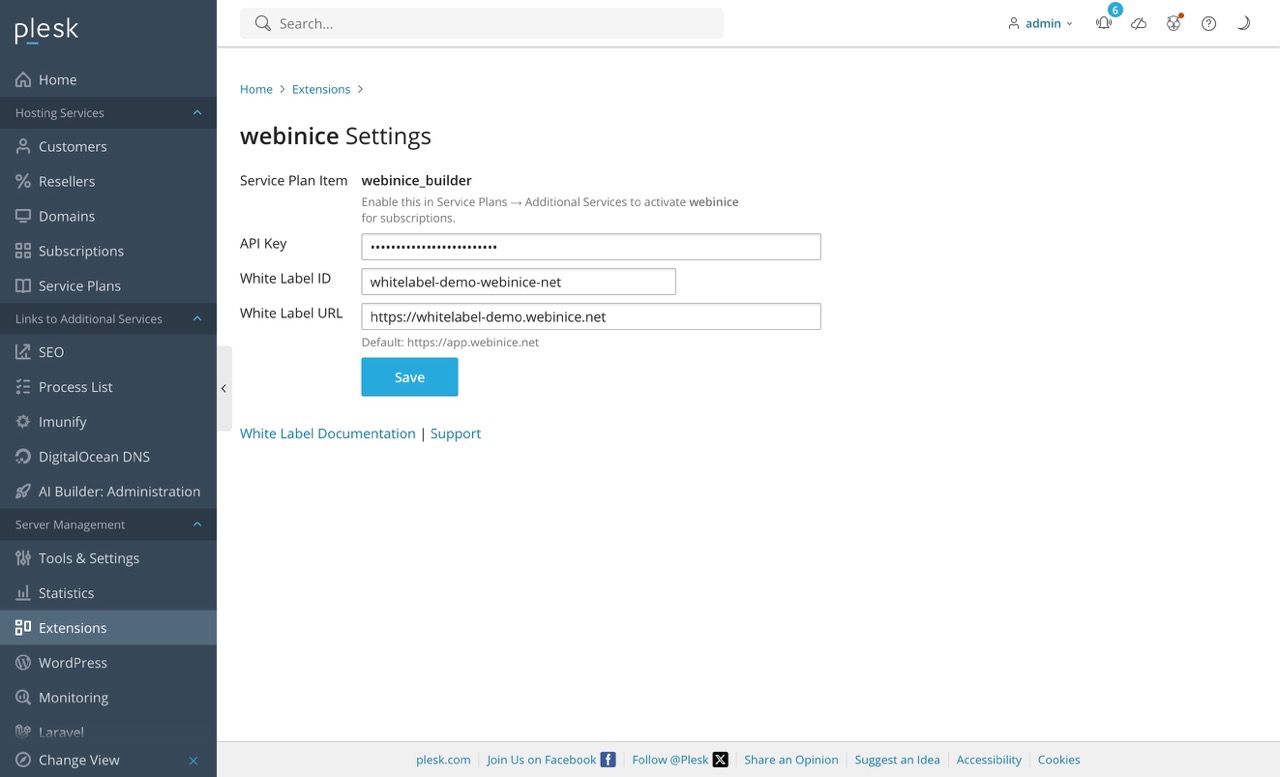 webinice extension settings