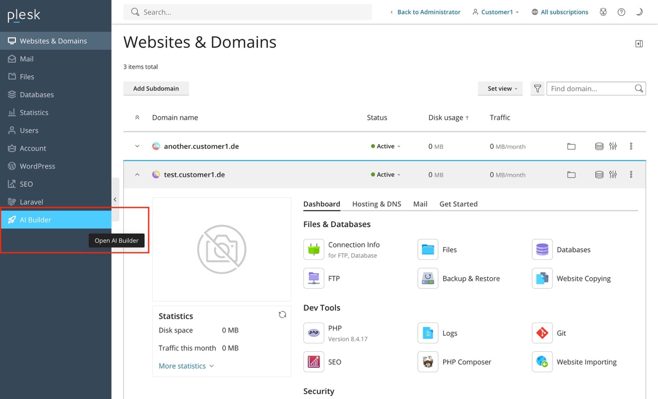 customer dashboard with AI Builder entry